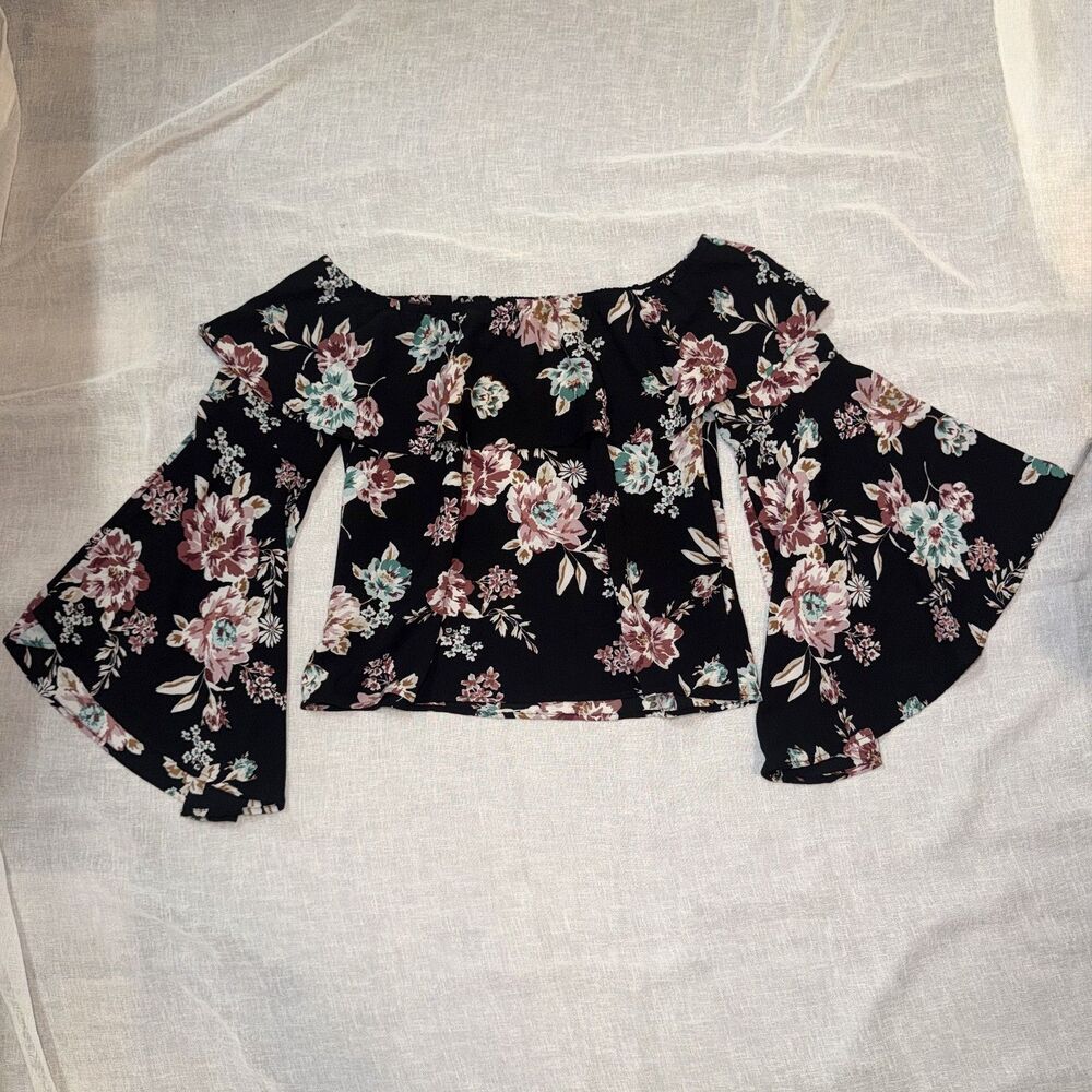 Black Floral Off Shoulder Crop Top Bell Sleeve Boho Newbury Kustom Small